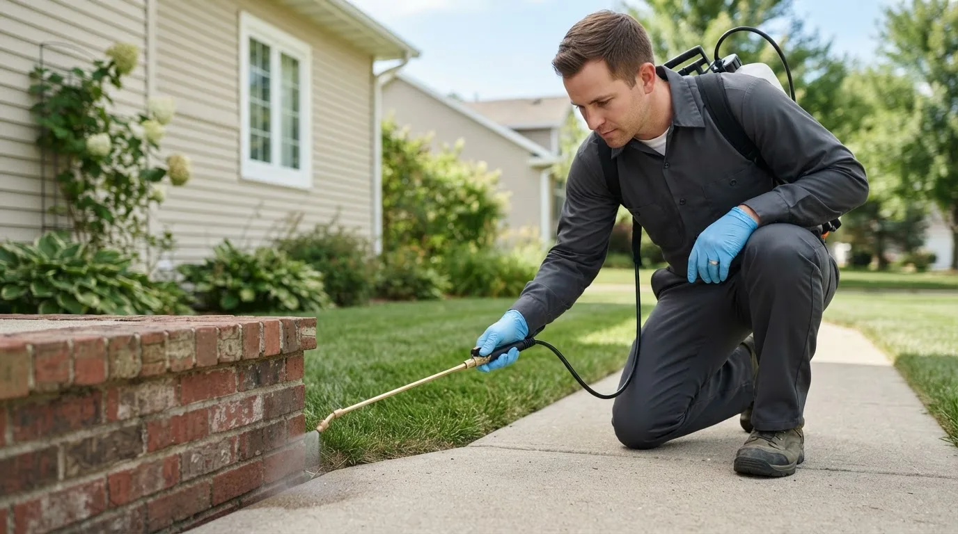 Pest control technician treating a home near Baxter Springs, KS